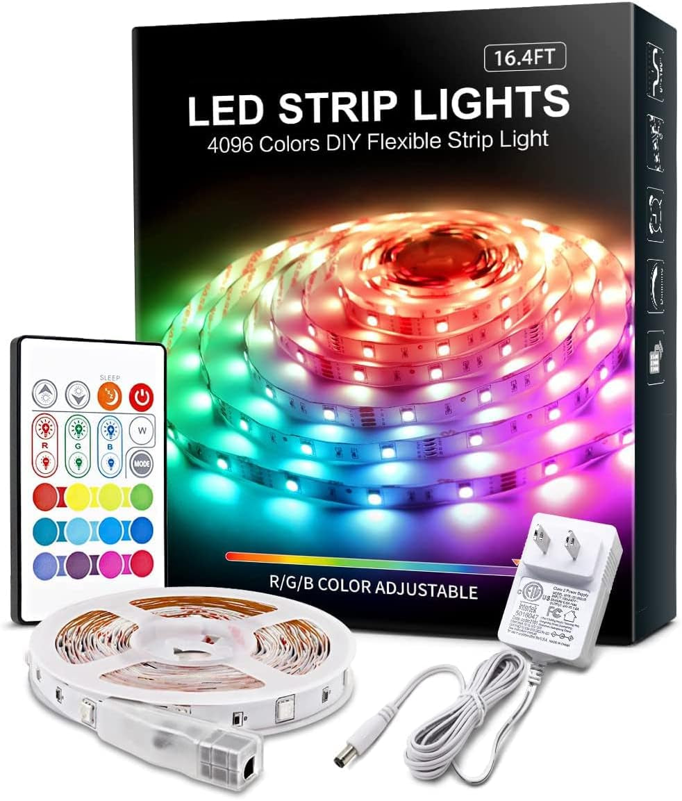 RGB LED Strip Lights 16.4Ft,4096 DIY Colors Rope Lights with Memory Function, Self-Adhesive Color Changing Light Strip with Remote, 30Mins Timing off LED Tape Light Kits for Home Decor