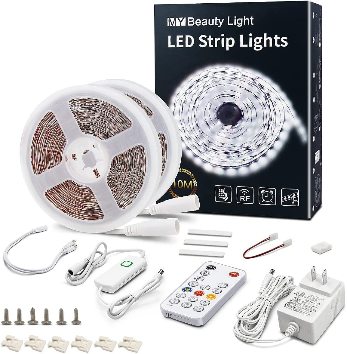 LED Strip Lights Warm White,32.8Ft Dimmable LED Light Strip with RF Remote,600 Bright 6500K 2835 Leds,Plug-In Adhesive Rope Lights with Timing Mode for Living Room Bedroom Kitchen