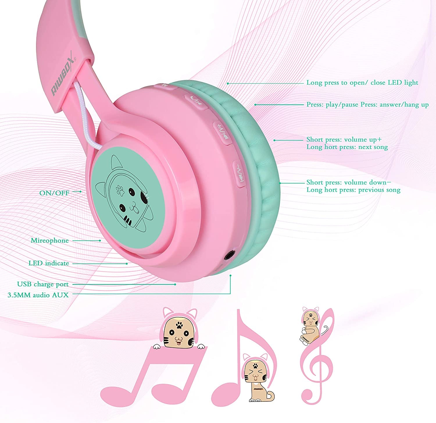 CT-7 Cat Ear Bluetooth Headphones, LED Light up Bluetooth Wireless over Ear Headphones with Microphone and Volume Control for Travel/School/Smartphones/Laptop/Pc/Tv